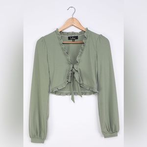 Trip to Paris Sage Green Ruffled Tie-Front Long Sleeve Crop Top